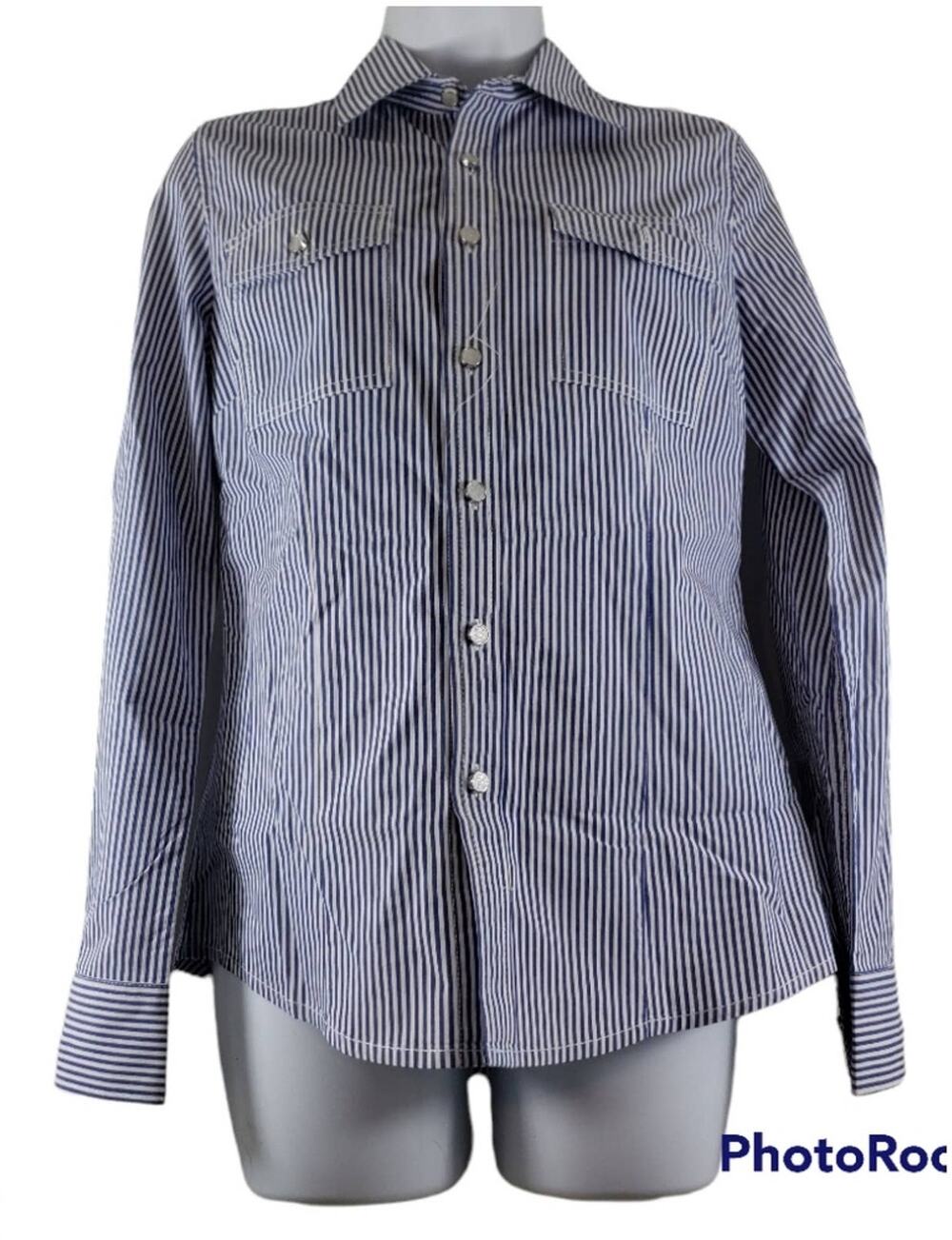 Michael Kors Blue and White Striped Button Up Collared Blouse Size 2